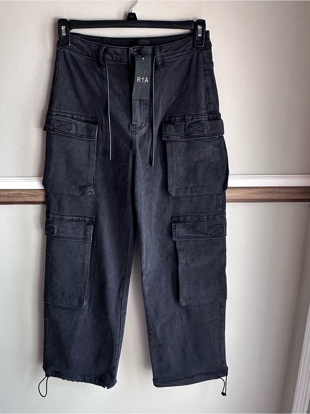 RtA Ezra Wide Leg Cargo Denim Trouser Pants Black Charcoal​